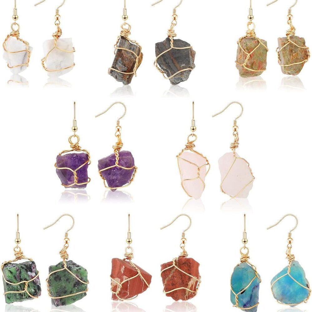 8 Pairs Crystal Drop Earrings Women Unique Raw Amethyst Healing Jewelry